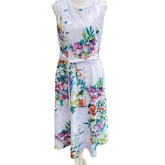 DKNY Ladies White Floral Sleeveless Midi A-line Round Neck Dress With Belt Sz 6 - Picture 9 of 15